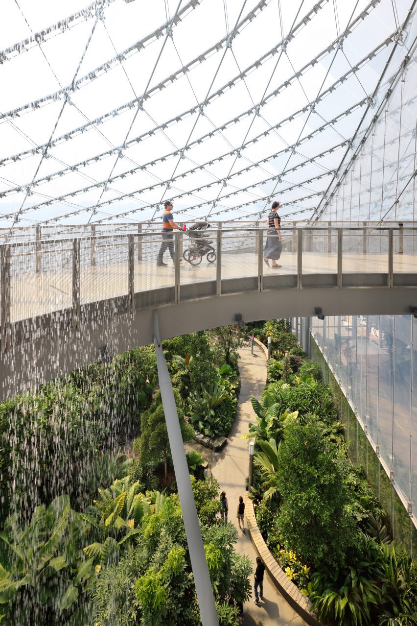 A walkway that overlooks plants in a greenhouse