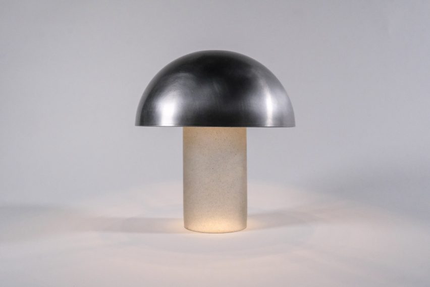 Photo of a mushroom lamp with a resin base and a metal shade by Rafael El Baz