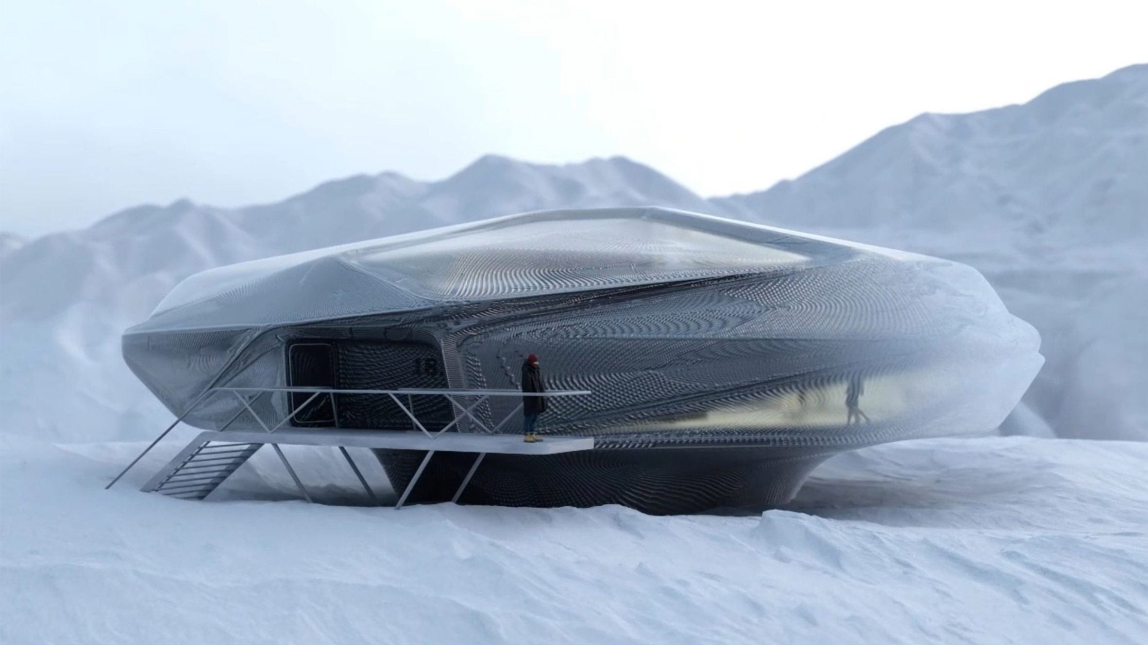 architectural visual of a UFO-like architecture on a snow-covered mountain