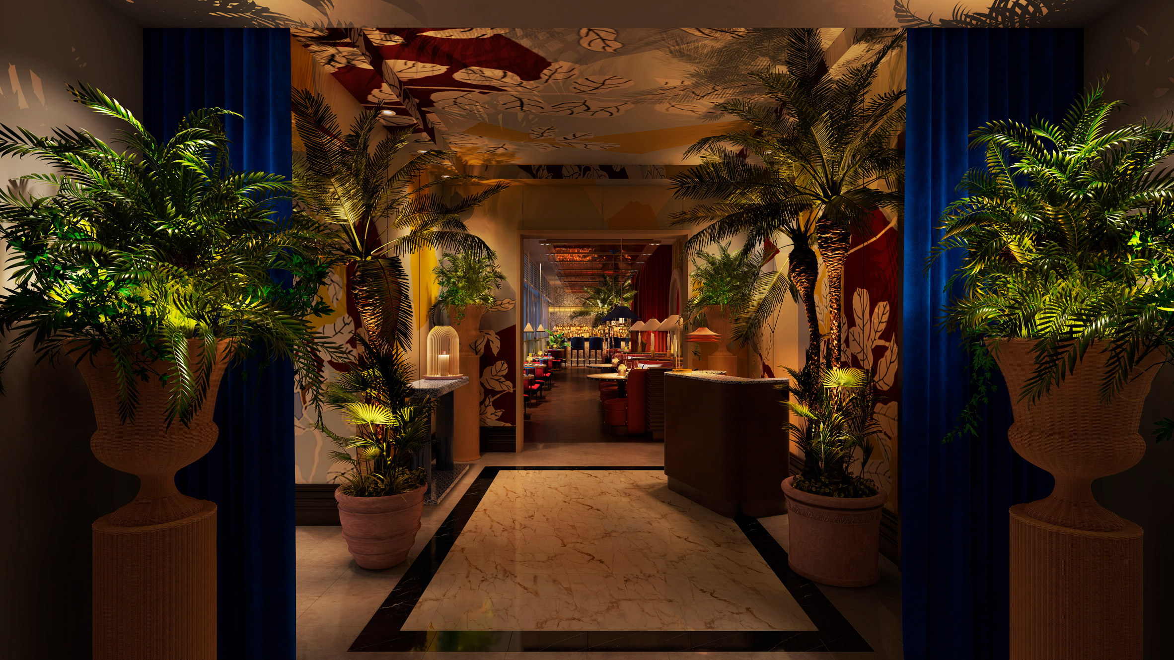 Hotel lobby interior featuring plant-filled interiors