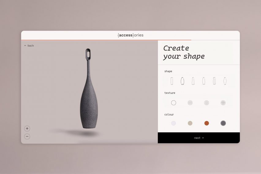 Screenshot of the Access-ories online survey with a picture of a toothbrush grip on the left and a box on the side reading "create your shape" with the option to select a shape, texture and colour
