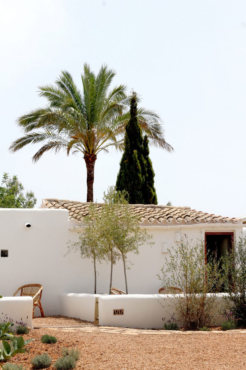 Whitewashed building with a tiled roof and palm tree behind