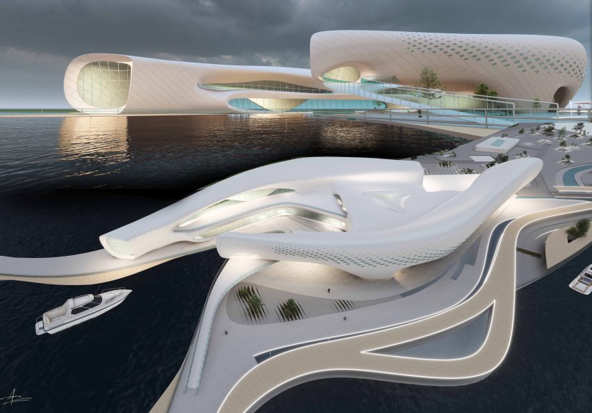 Visualisation showing a white biomorphic ferry terminal