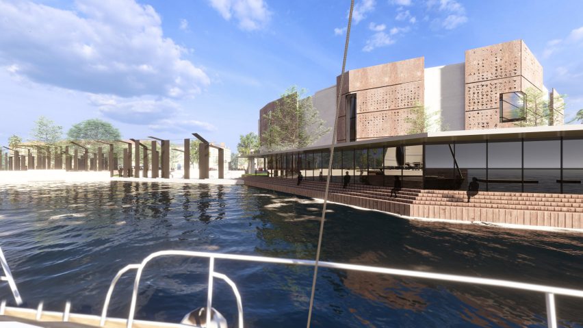 Visualisation showing a riverside museum site