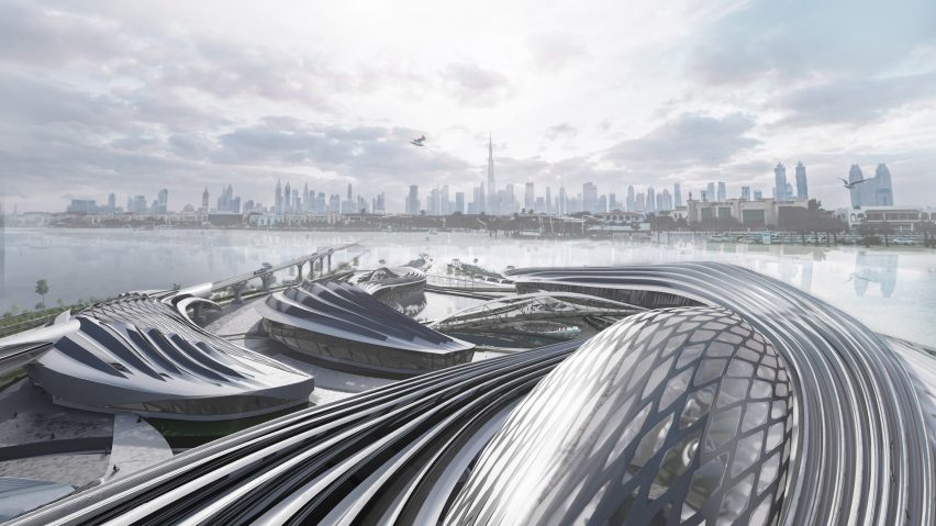 Visualisation showing a shiny, wavy structure looking out over Dubai