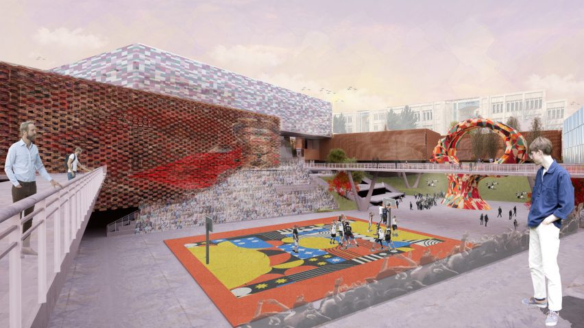 Visualisation showing a educational centre with brightly-coloured sports court in courtyard