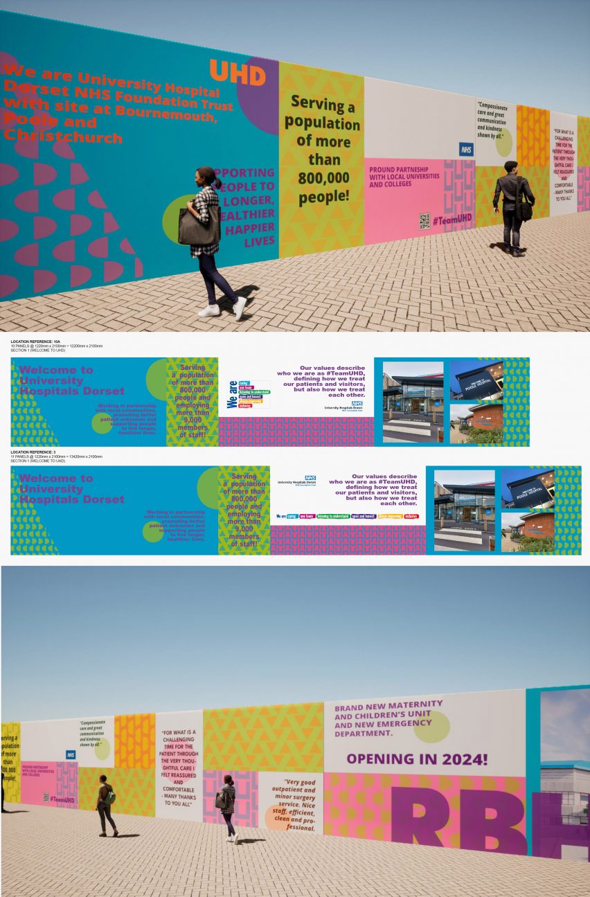 Visualisations of brightly-coloured information/display boards outside a hospital