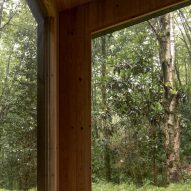 Interior of a timber cabin with large windows looking onto a forest