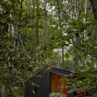 Black timber cabin in a forest by BABELStudio