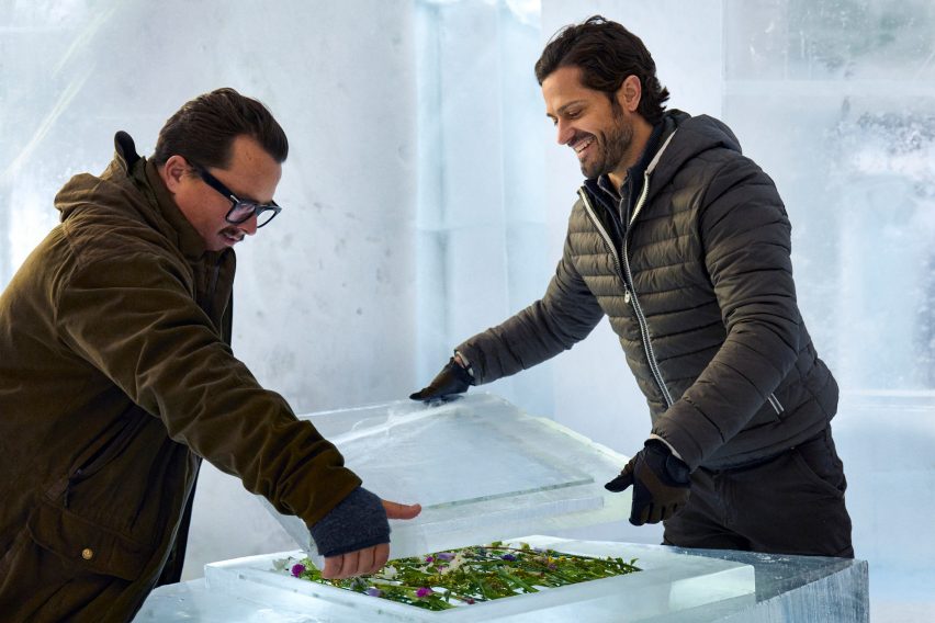 Carl Philip Bernadotte – aka Prince Carl Philip of Sweden – and Oscar Kylberg, founders of Bernadotte & Kylberg, at at the Icehotel suite they designed