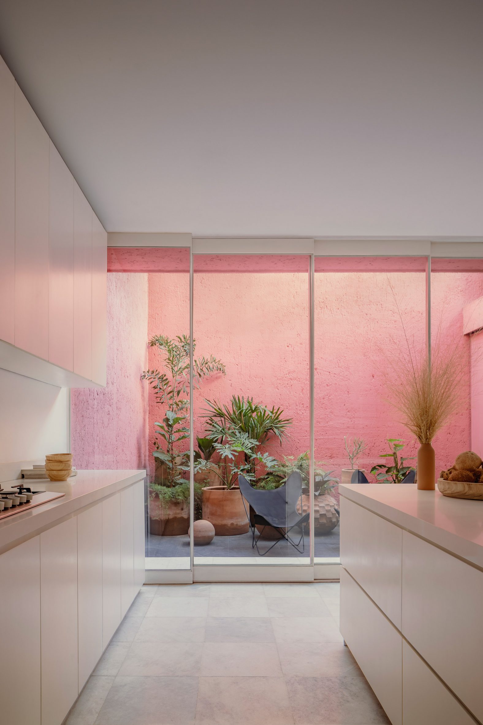 Kitchen facing a potted garden with pink walls