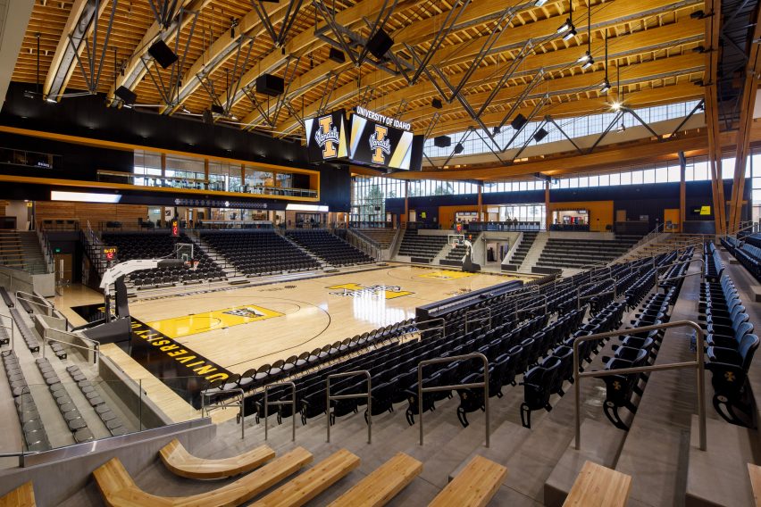 A basketball arena with mass timber ceiling