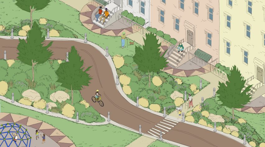 Illustration-style visualisation showing an urban park