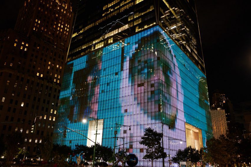 a digital screen projected onto world trade centre podium