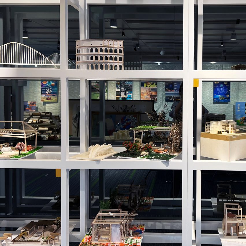 shelves showing a student architecture model
