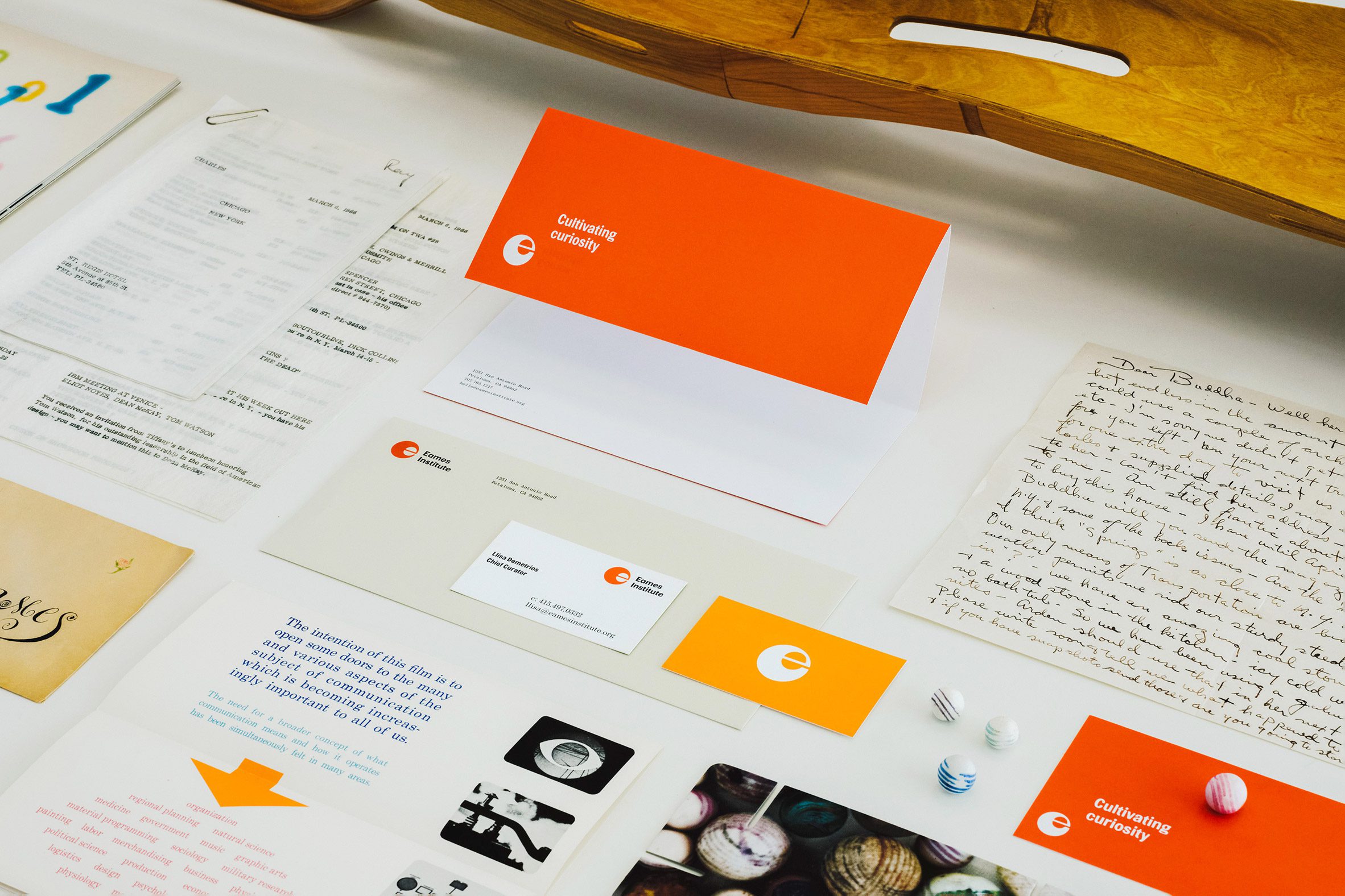Brightly colored stationary for the Eames Institute