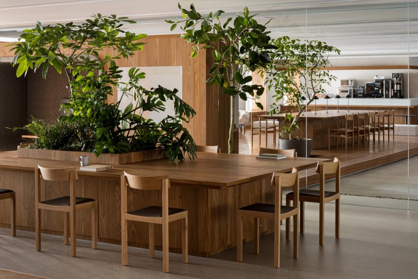 Large desk with planting surrounded by chairs in an office