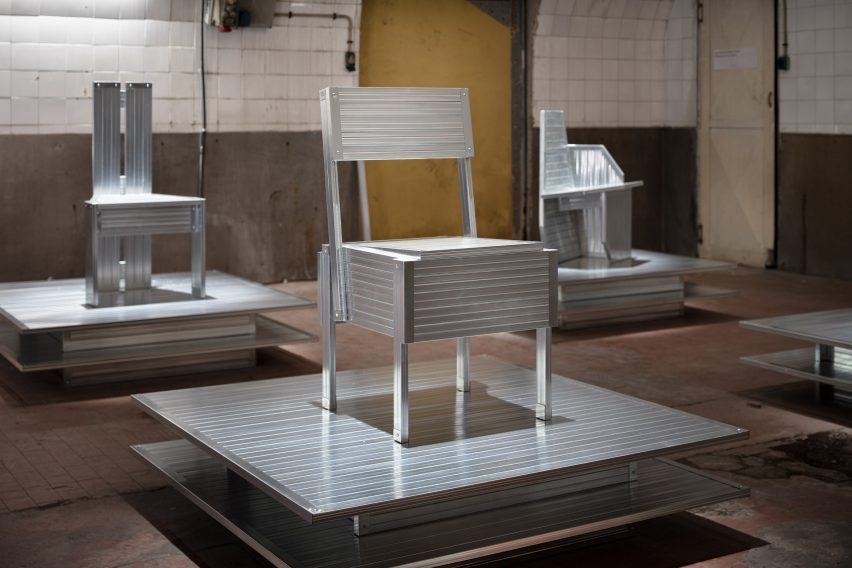 Light-gauge steel chairs on podiums made from the same material