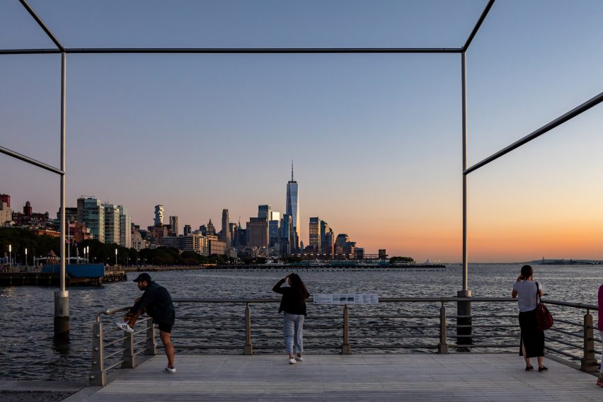 Gansevoort Day's End sculpture framing Freedom Tower