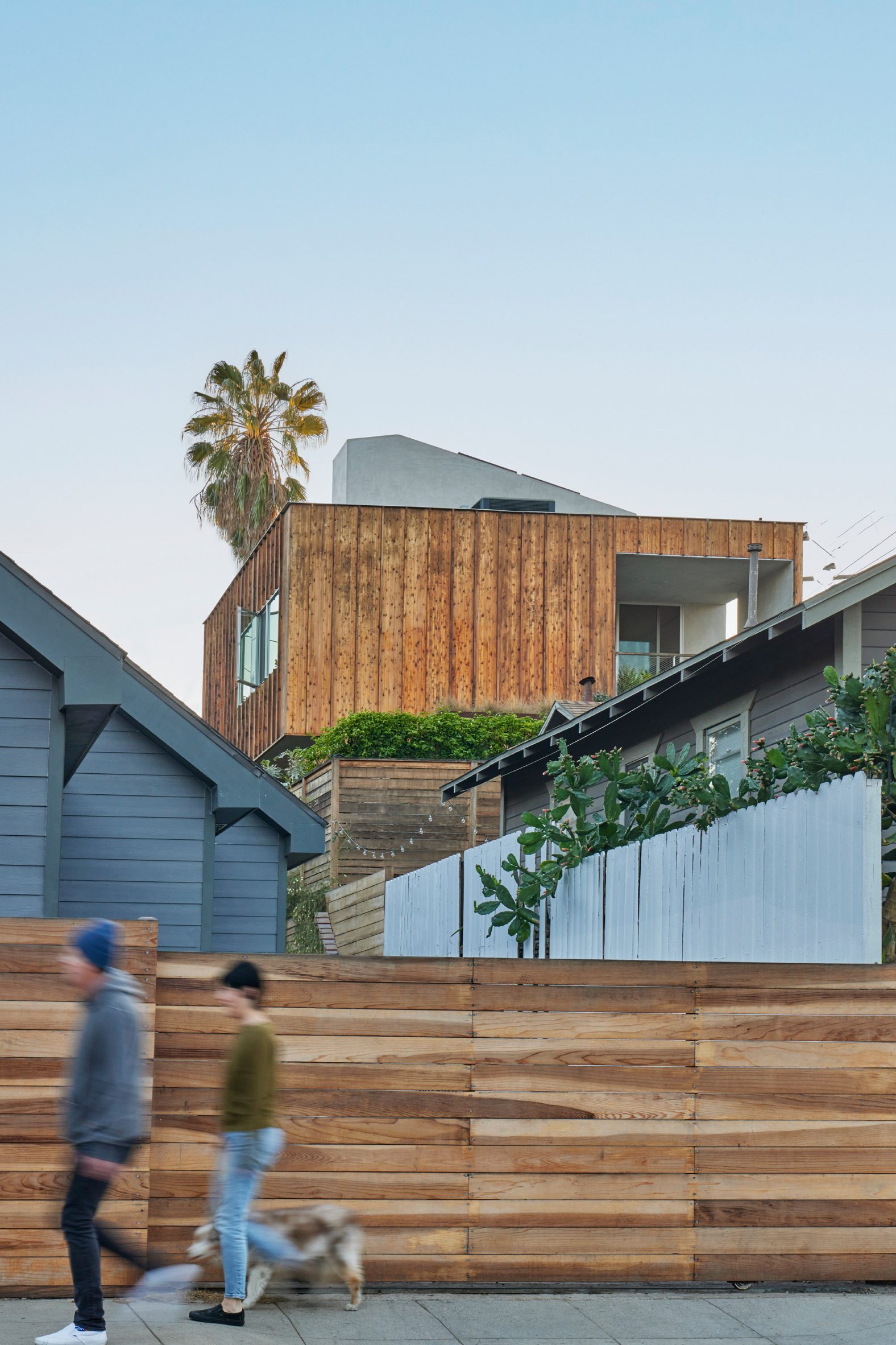 a wooden house peaking out from the top of contemporary LA homes