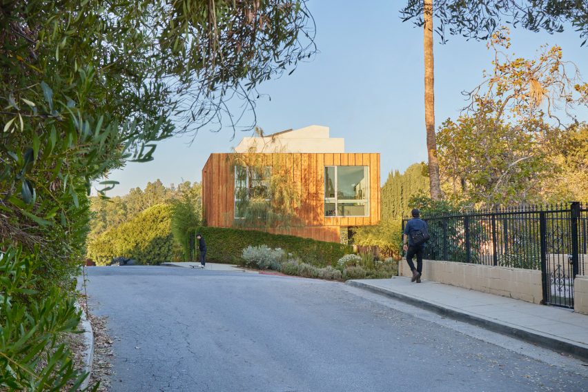 Wooden cube house along the street in Los Angeles