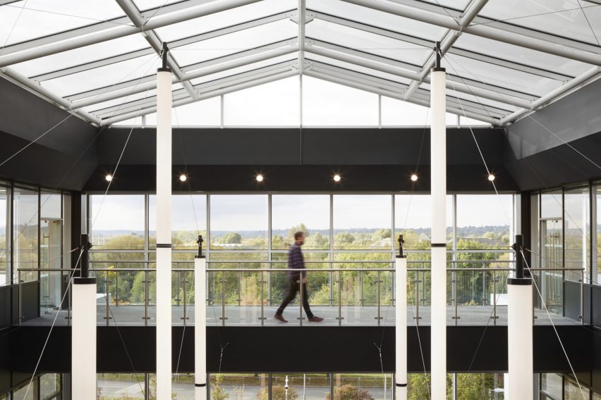 Glass pitched roof at the Here+Now office building