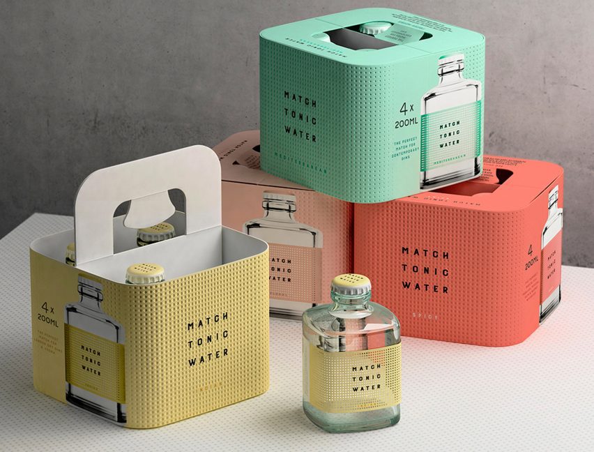 Yellow, orange, blush and green tonic water containers