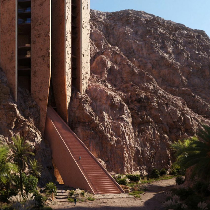 Hotel with stairs in the mountain ravine