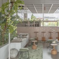 Planting softens the raw industrial space of the lobby and coffee bar