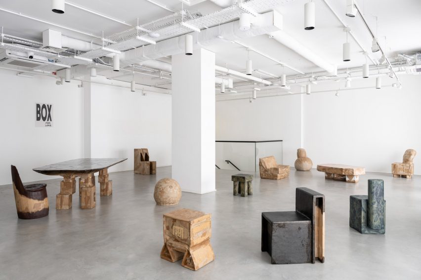 Overview of Box exhibition of cardboard furniture by Max Lamb at Gallery Fumi