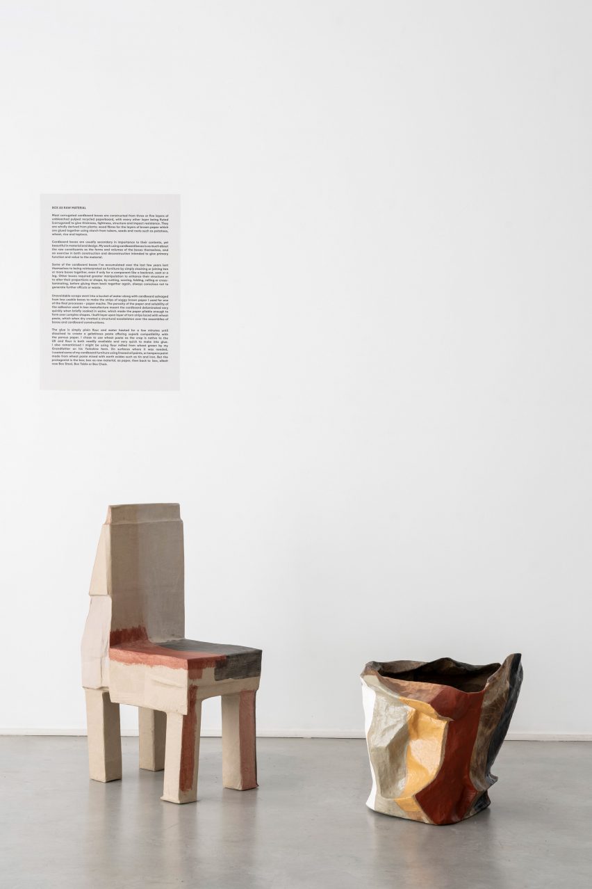 Chair and planter from Box exhibition of cardboard furniture by Max Lamb at Gallery Fumi