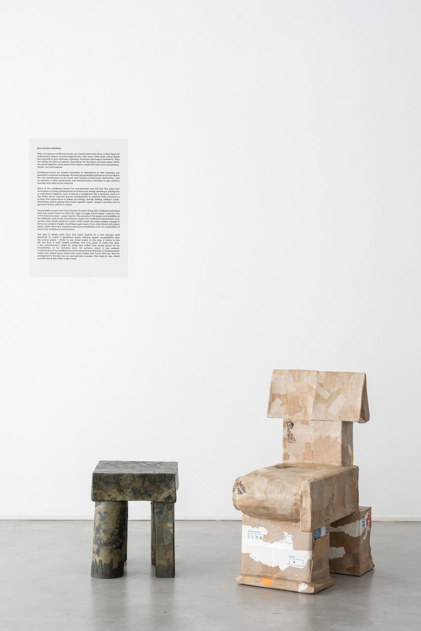 Chair and low side table from Box exhibition of cardboard furniture by Max Lamb at Gallery Fumi