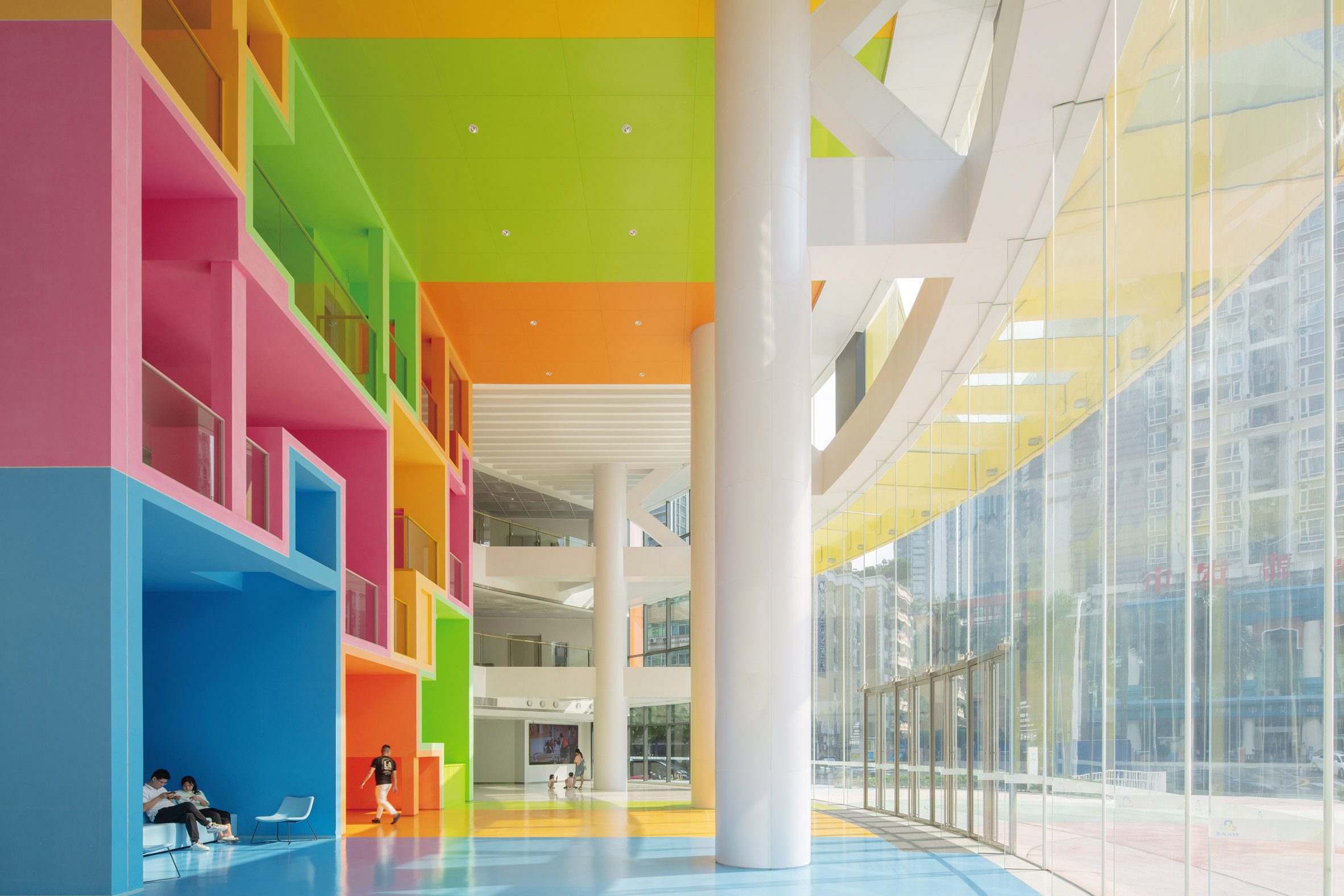 Brightly coloured lobby space at the Shenzhen Women and Children's Centre