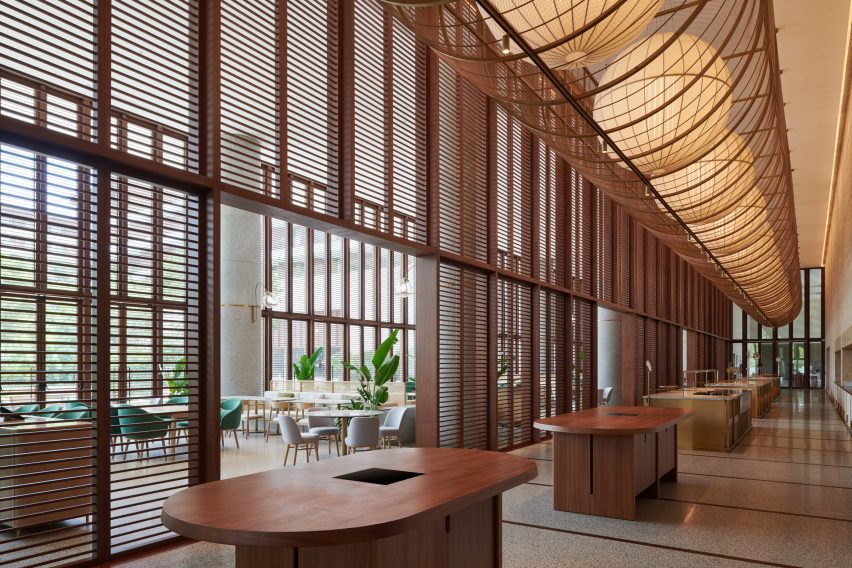 Dining hall hotel interior with bamboo features