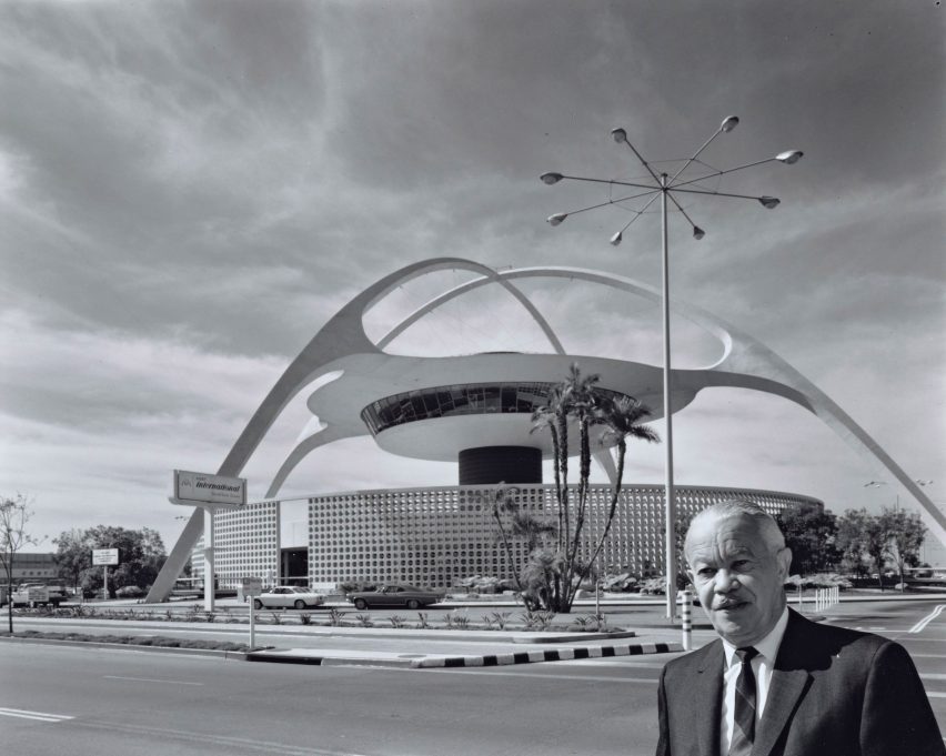 Paul Revere Williams stood in front of the Theme building at Los Angeles International Airport