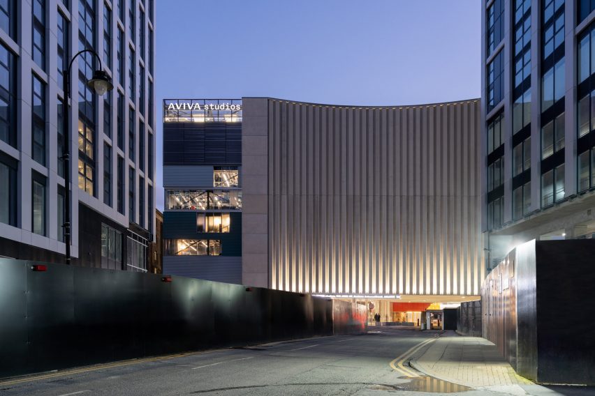 Concrete-clad warehouse building at Aviva Studios by OMA