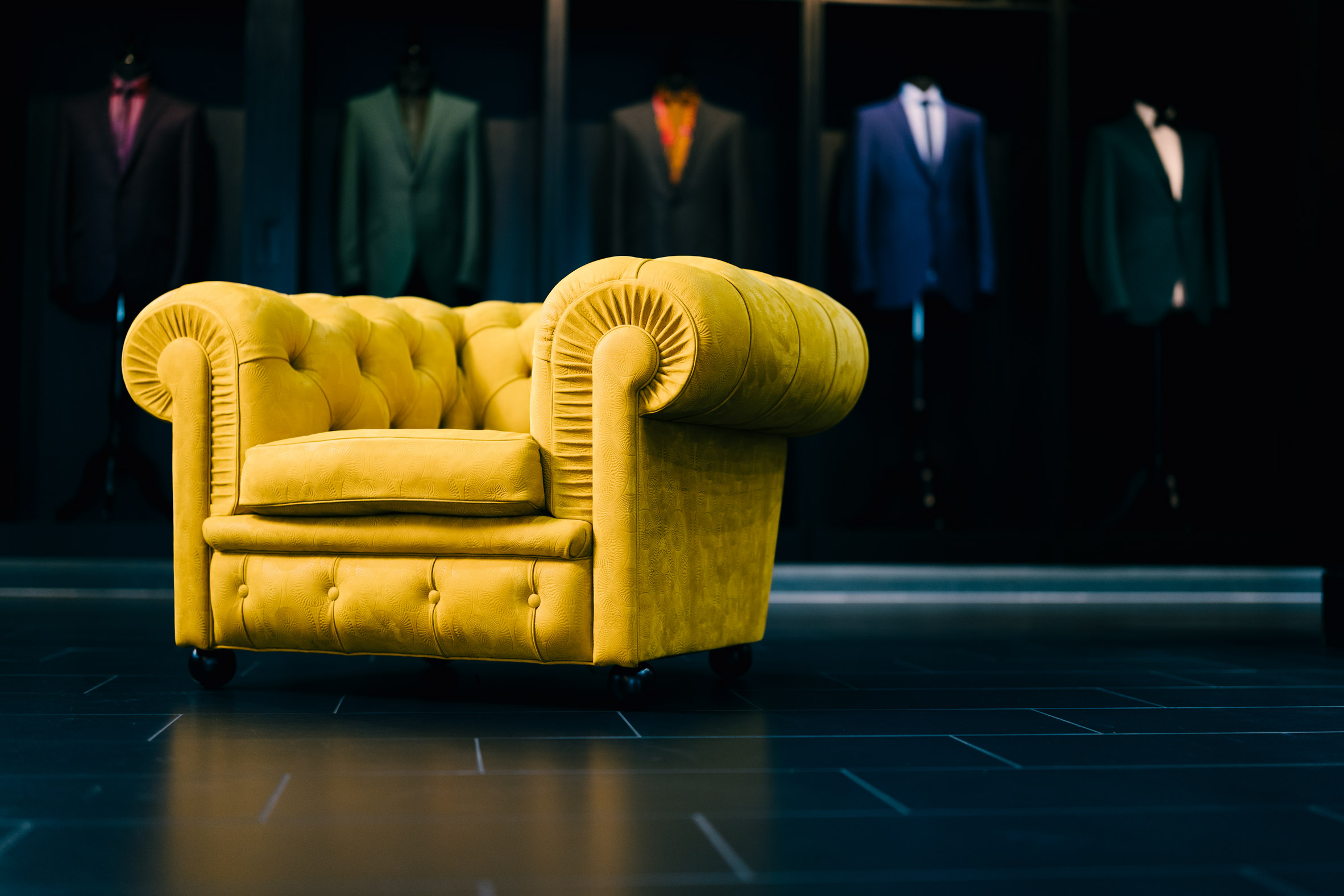 Yellow Chester armchair with embossed leather finish by Ozwald Boateng and Poltrona Frau