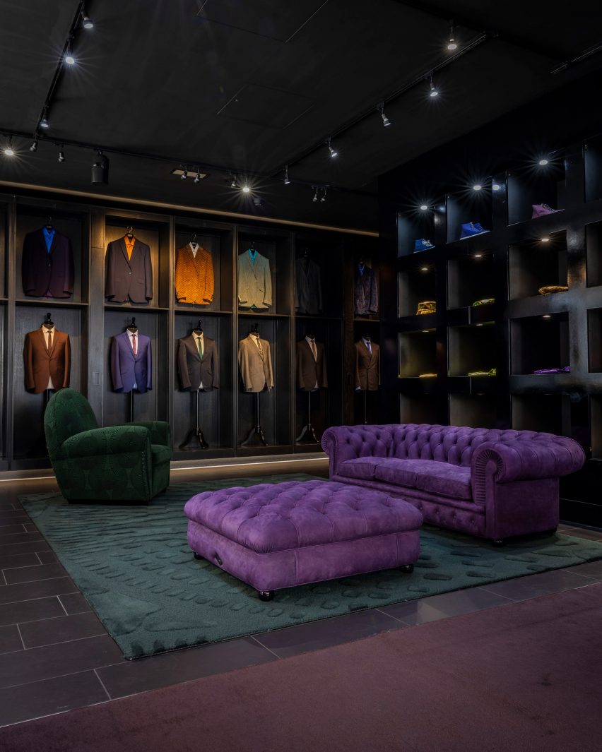Chester sofa and ottoman in purple embossed leather in Ozald Boateng store