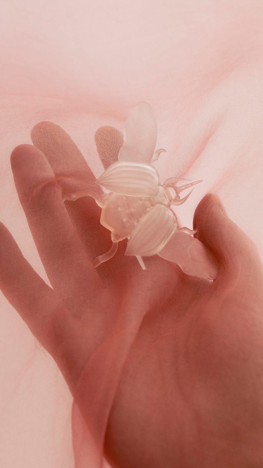 Hand holding translucent 3D-printed beetle