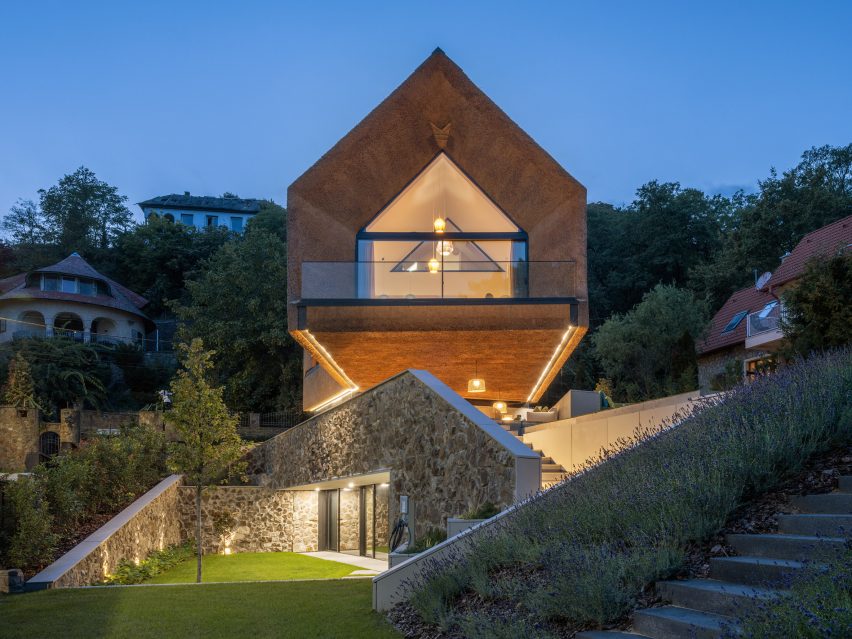 RAPA Architects' thatch roof, cantilevered holiday home in Hungary