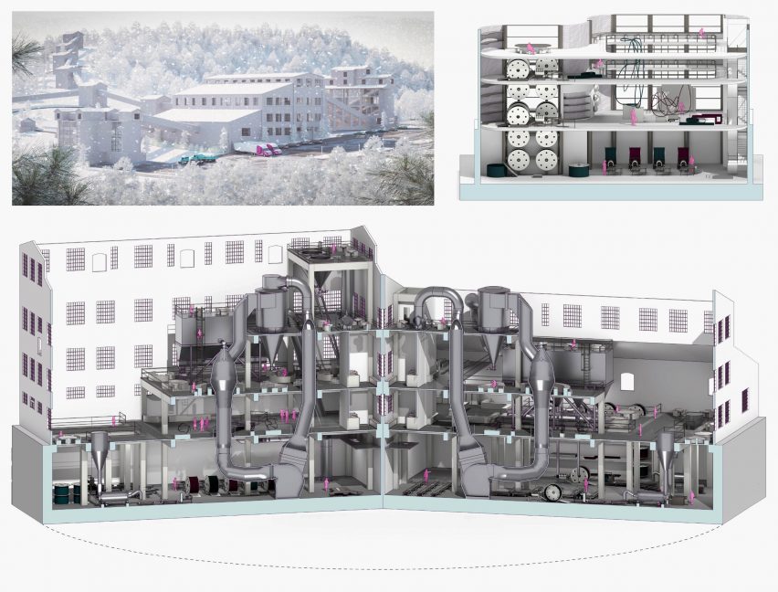 Board showing visualisations and sectional views of an industrial building