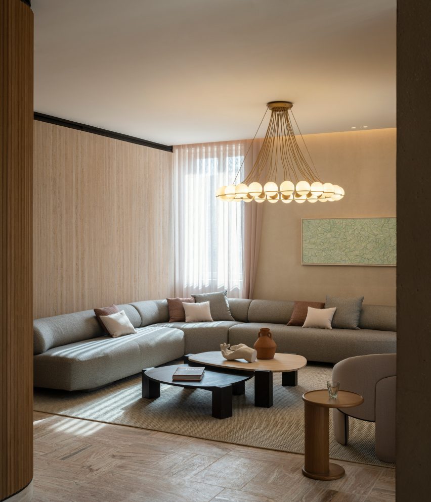 Lounge area within a guest room suite in Six Senses Rome hotel by Patricia Urquiola