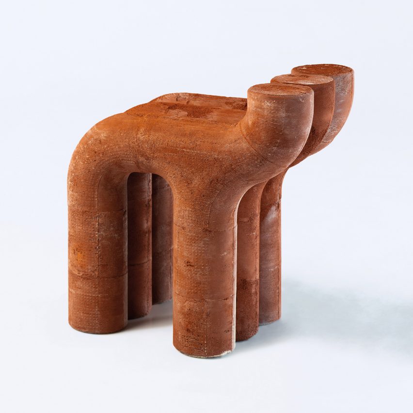 Sculptural Biocement chair displayed at Designblok