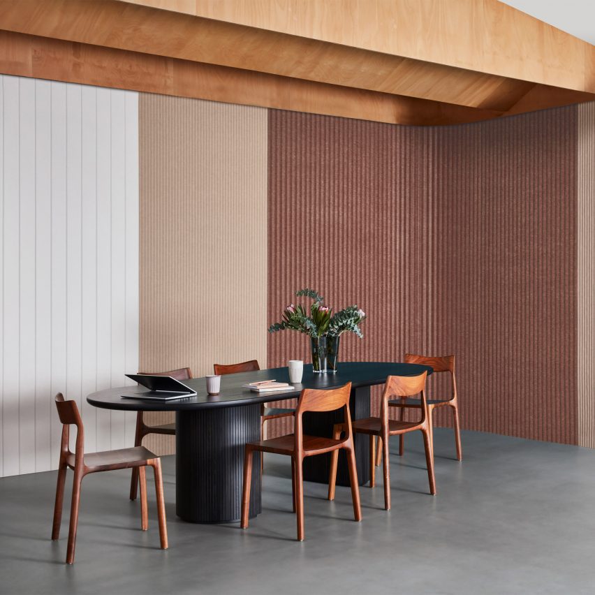 Three shades of brown acoustic wall panels by Woven Image