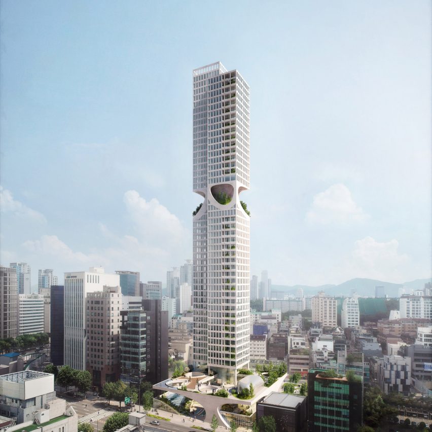 Render of a supertall skyscraper in Seoul with a large sky garden 
