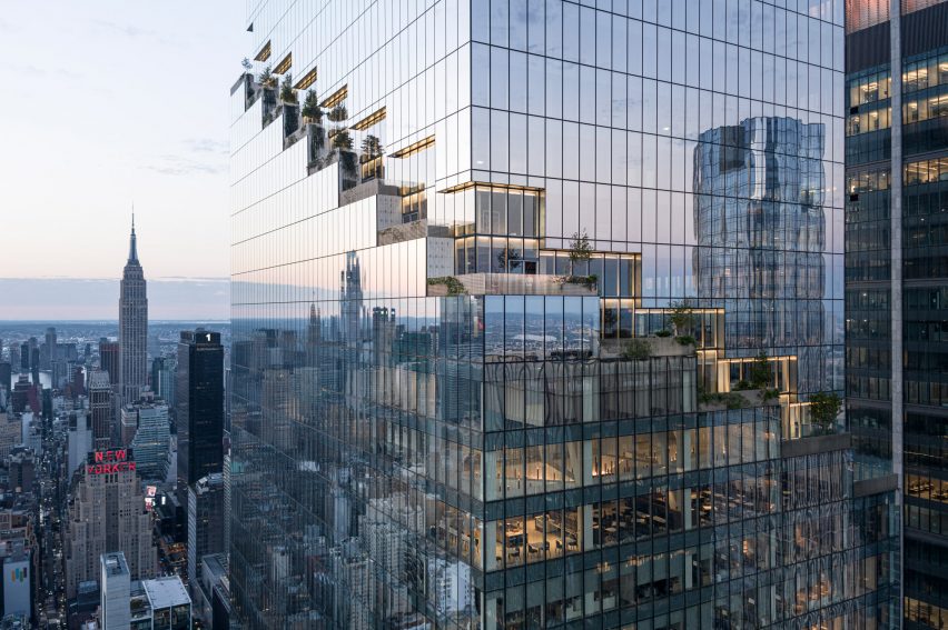 Stepped terraces wrapped around a skyscrapers exterior