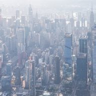 A hazy photo of Hudson Yards from above