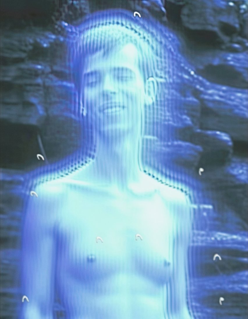 Photograph of a person in front of a rock face with a blue glitchy appearance