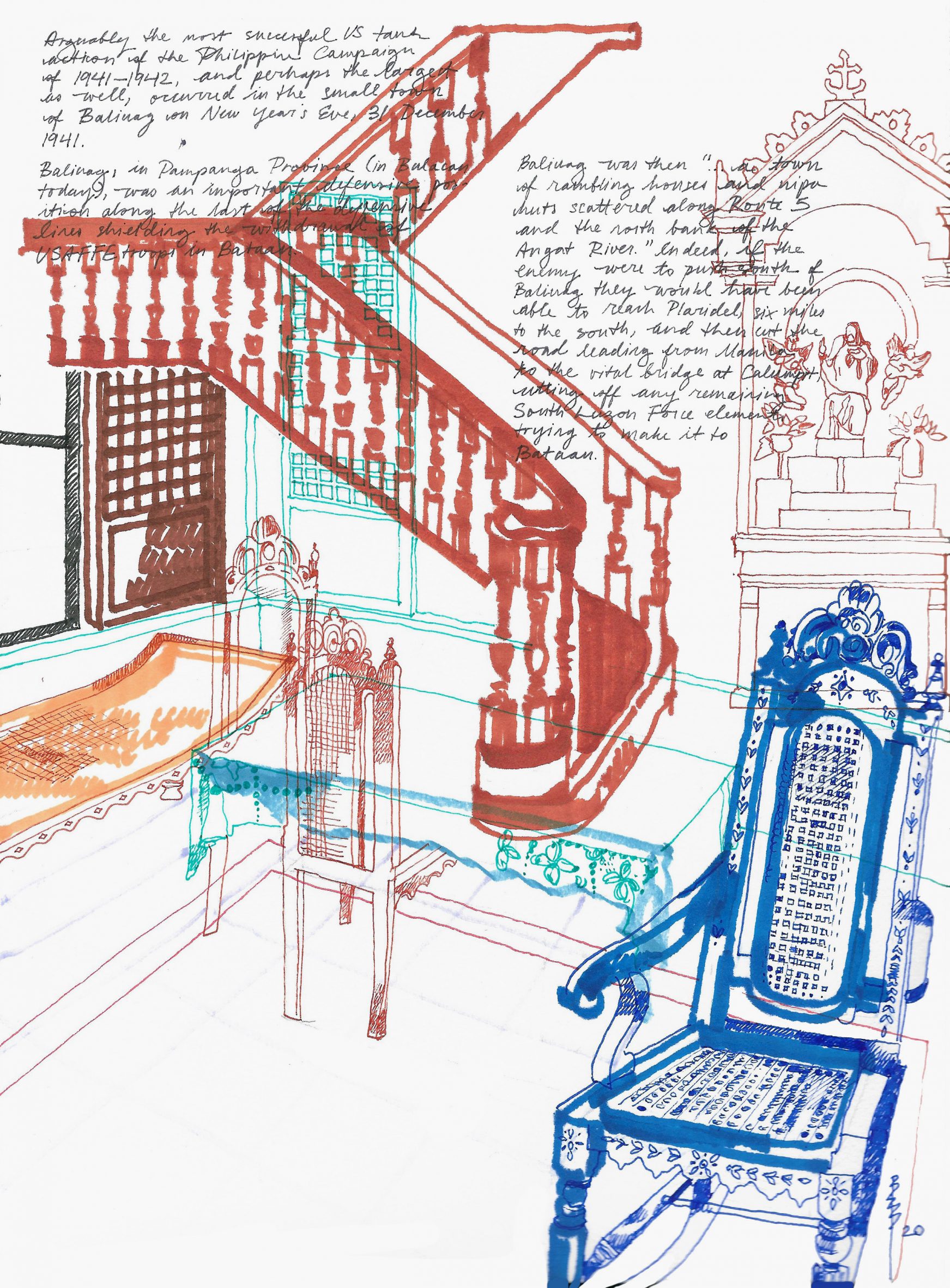 Visualisation showing staircase and chairs in interior with overlaid handwritten text
