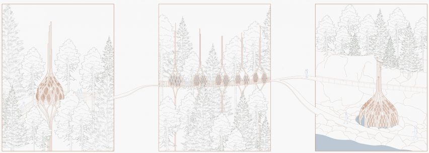 Three visualisations of bulb-like pavilions in forest
